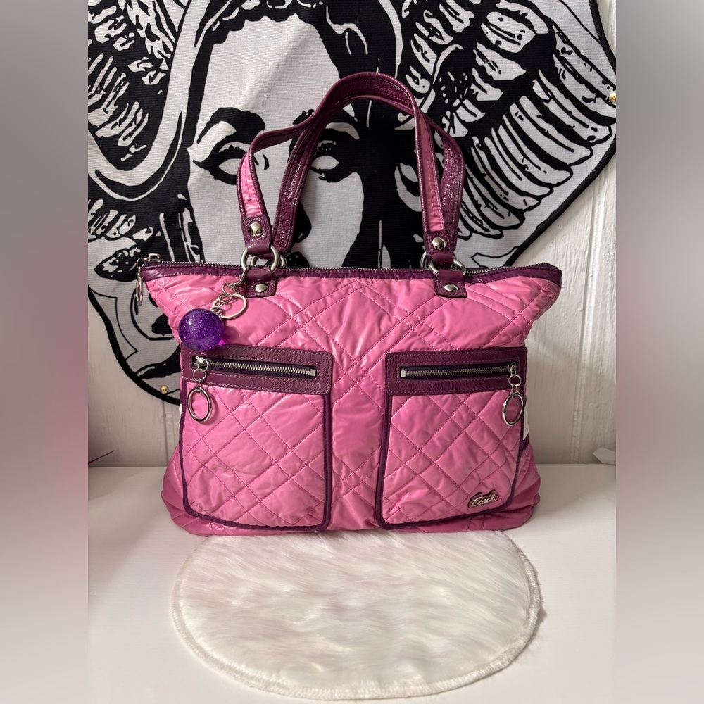 Coach Poppy quilted nylon ski bunny glam tote bag.